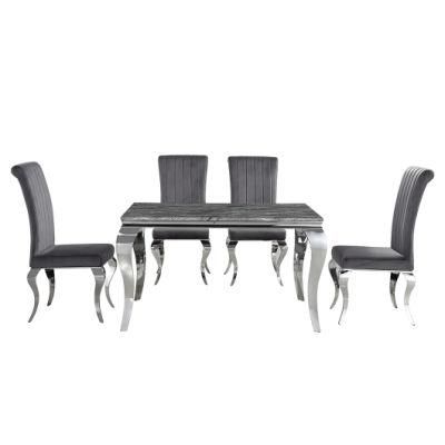 Modern Luxury 4 - 6 Seater Stainless Steel Marble Top Dining Table Set Tempered Glass Dining Table