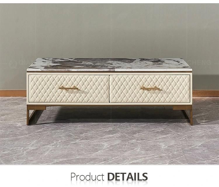 Modern Marble Top Gold Stainless Steel Legs Leather Smart Coffee Table for Living Room
