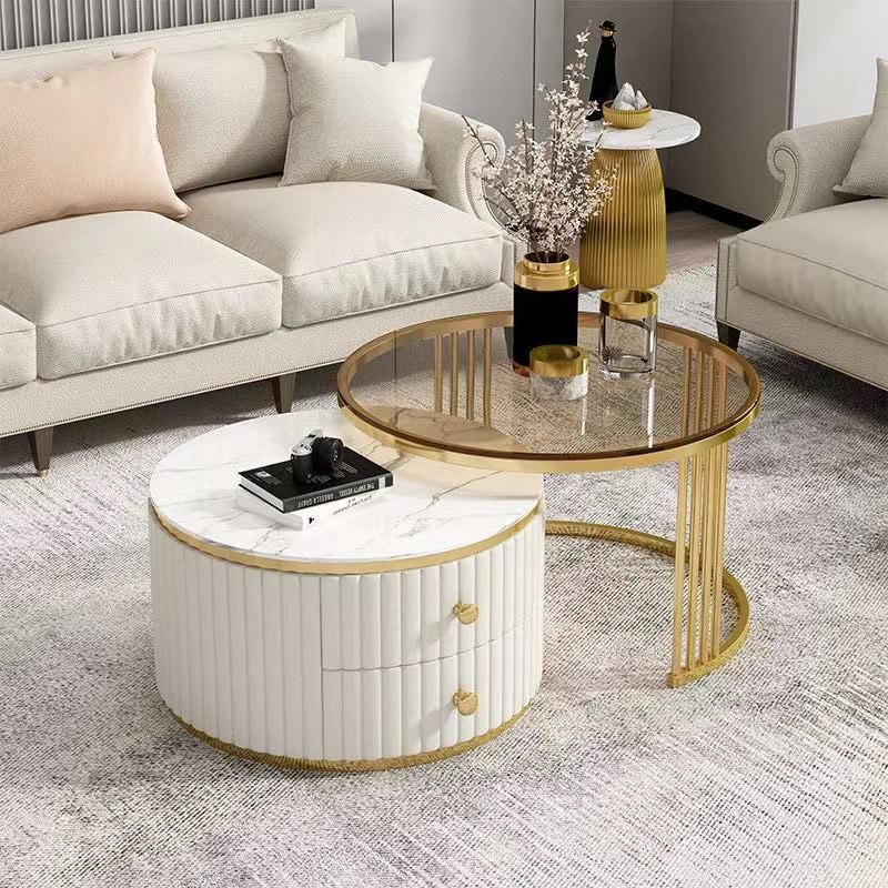 Luxury Round Coffee Table Sets Living Room Stainless Steel Furniture Marble Glass Side Table