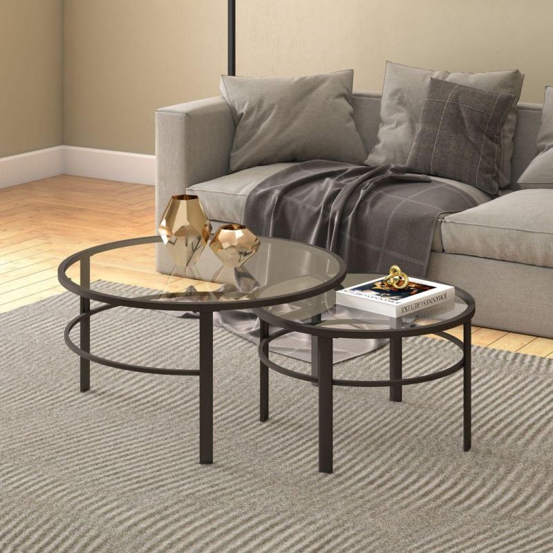 Simple Living Room Furniture Industrial Tea Sofa Center Tempered Glass Top Round Combination Coffee Table Set