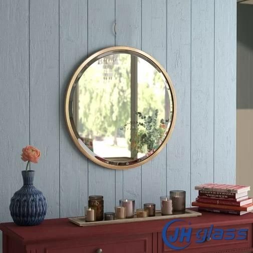 Modern Bathroom Golden Metal Round Shape Beveled Mirror