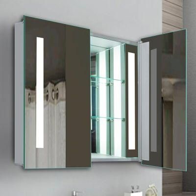 Frameless Double Doors Adjustable Tempered Glass Shelves Mirror Cabinet with Electrical Outlets