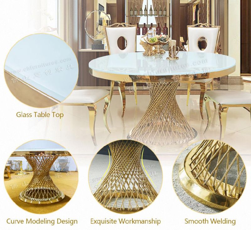 Light Luxury Simple 4-6 People Small Apartment Home Hotel Golden Stainless Steel Round Dining Table Chair Combination