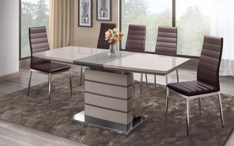 Home Furniture Stainless Steel Base High Gloss Wood Extendable Dining Table Set