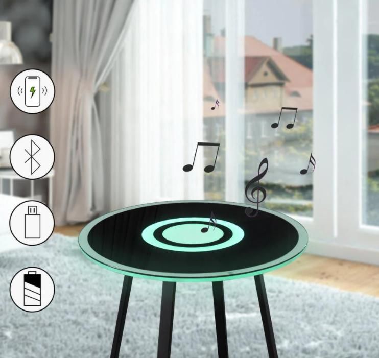 Round RGB Light LED Glass Top End Coffee Table with Bluetooth Speaker