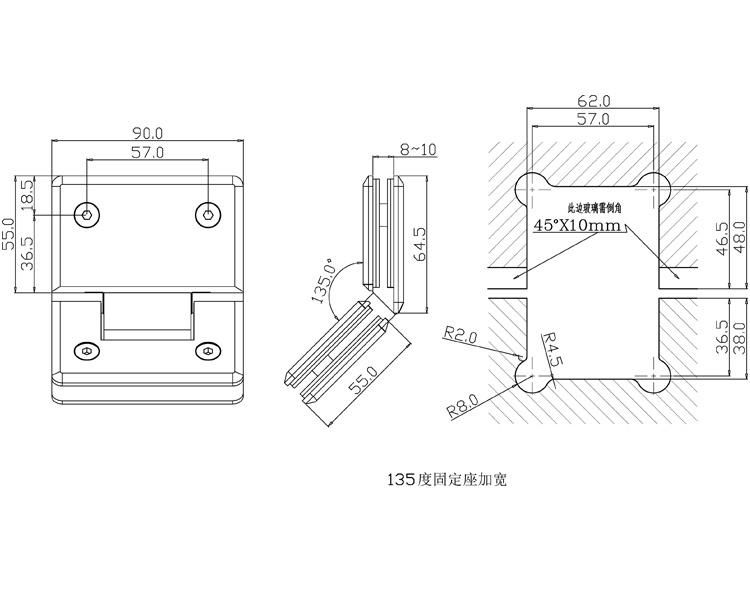 Frameless Copper Shower Door 135 Degree Glass Hinge Bathroom Small Hinge for Frameless Shower Screen