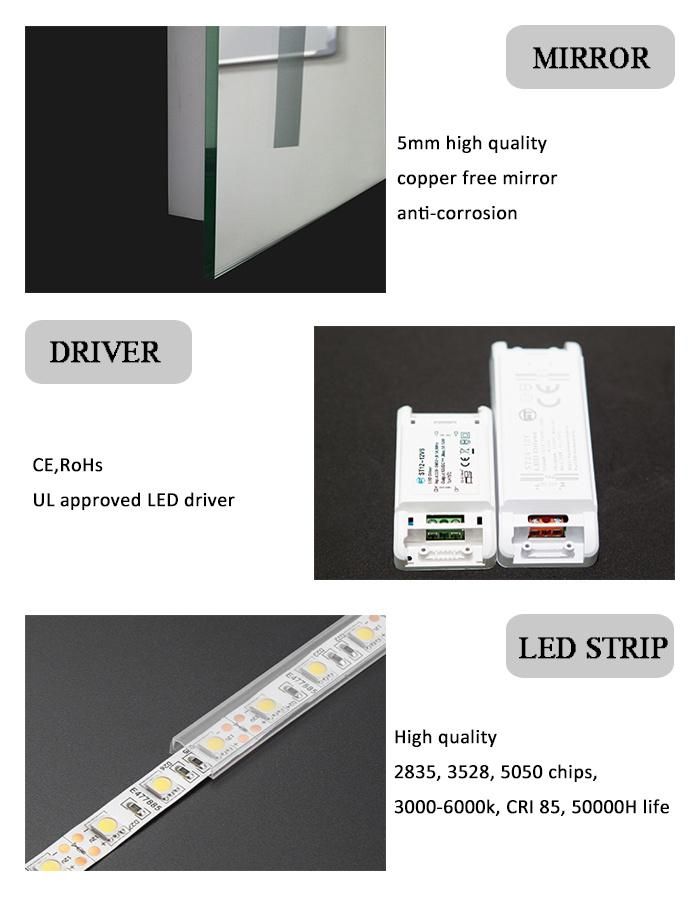 Hotel furniture Supplies Bathroom Fitting Mirror Designed Mirror LED Wall Mirror with Touch Sensor