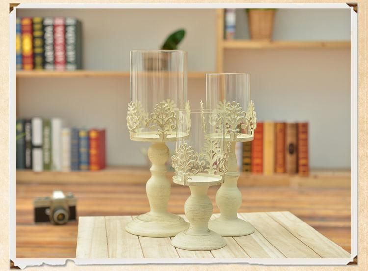 Elegant Candle Holder Home Decor White Painted Flower Pattern Metal Glass Candle Holders