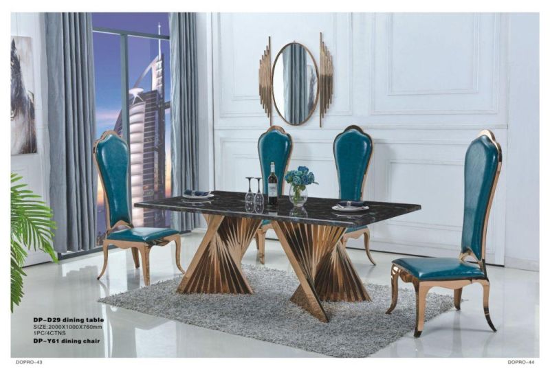 High Quality Stainless Steel Marble Dining Table with Staggered Ring Base Posts