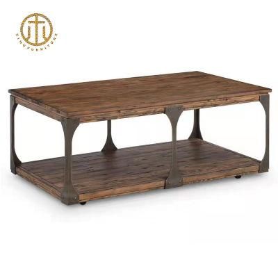 Living Room Furniture Manufacturer Metal Frame Classical Log Processingwood Coffee Table with Storage
