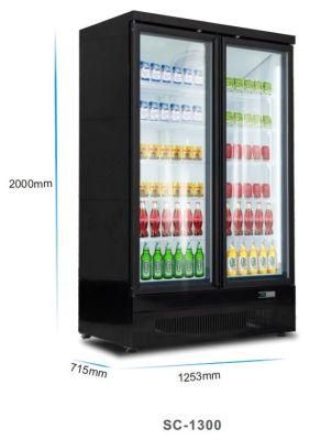 Cheap Price Supermarket Refrigerated Showcase 2 Glass Doors Vertical Cold Drink Cooler Display Freezer