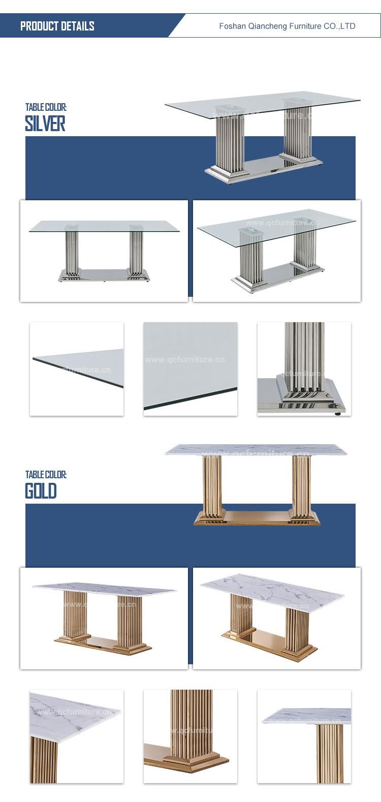 Low Price Nordic Tempered Glass and Silver Dining Table Set