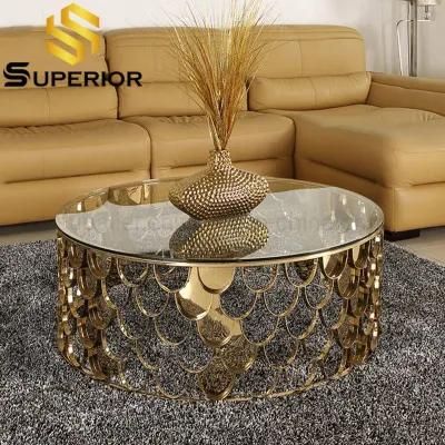 Luxury Home Steel Base Gold Round Glass Coffee Table