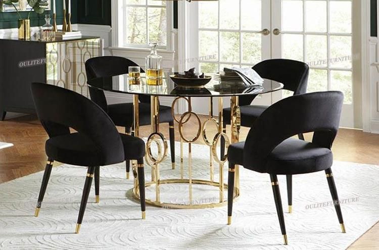 Gold Stainless Steel Base Glass Dining Tables with Chairs Set