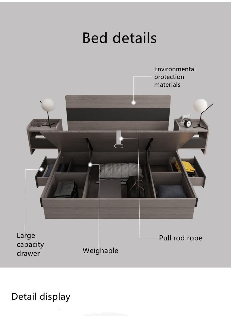 Long Backrest Gray Color Storage Multi-Function Bedroom Hotel Furniture King Double Size Beds