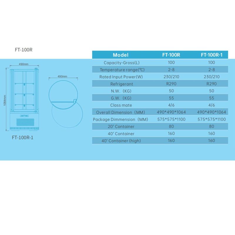 Autorotation Cylinder Can Shaped Food Display Counter with LED Light Auto Defrosting Cooler FT-100r