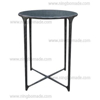 Thaddeus Sculptural Forged Collection Black Tempered Glass Top Antique Solid Forged Metal Base Corner Table