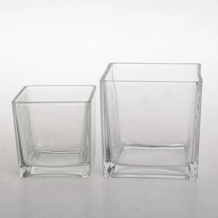 Eco-Friendly Elegant Square Clear Cheap Glass Candle Holder Jar with Wooden Rack for Home Decoration