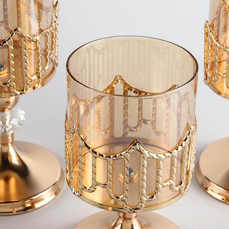 Scandinavian Style Wedding Dinner Golden Round Bottom Covered Spire Glass Metal Candle Holder