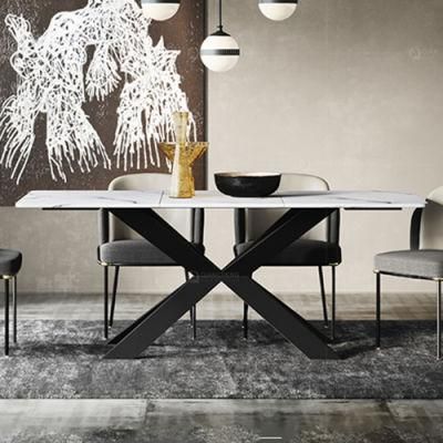 Chinese Black Long Rectangle Marble Stone Metal Base Dining Table