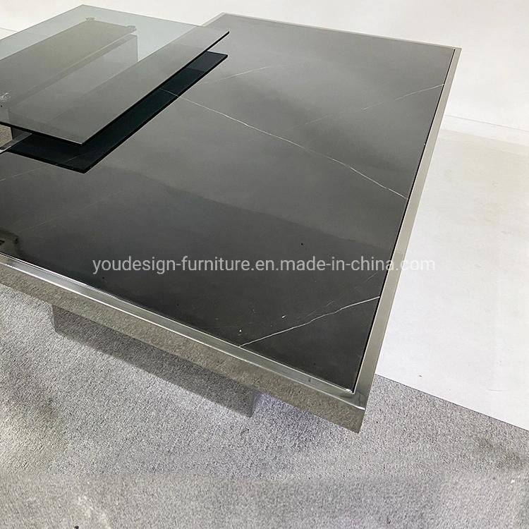 Living Room Modern Square Marble Top Mirrored Glass Center Coffee Table Set Furniture