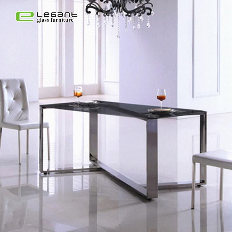Modern Long Grey Stainless Steel Base Tempered Glass Dining Table