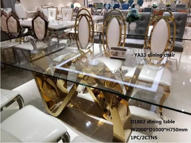 Dopro Modern Hot Sale Stainless Steel Polished Silver High Glossy Dining Table D1802 with Clear Tempered Glass