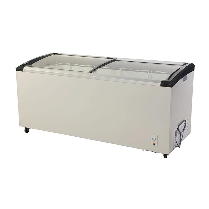 China Manufacturer 220V Supermarket Ice Cream Showcase Freezer Curved Glass Door Horizontal Chest Freezer Sdx-458