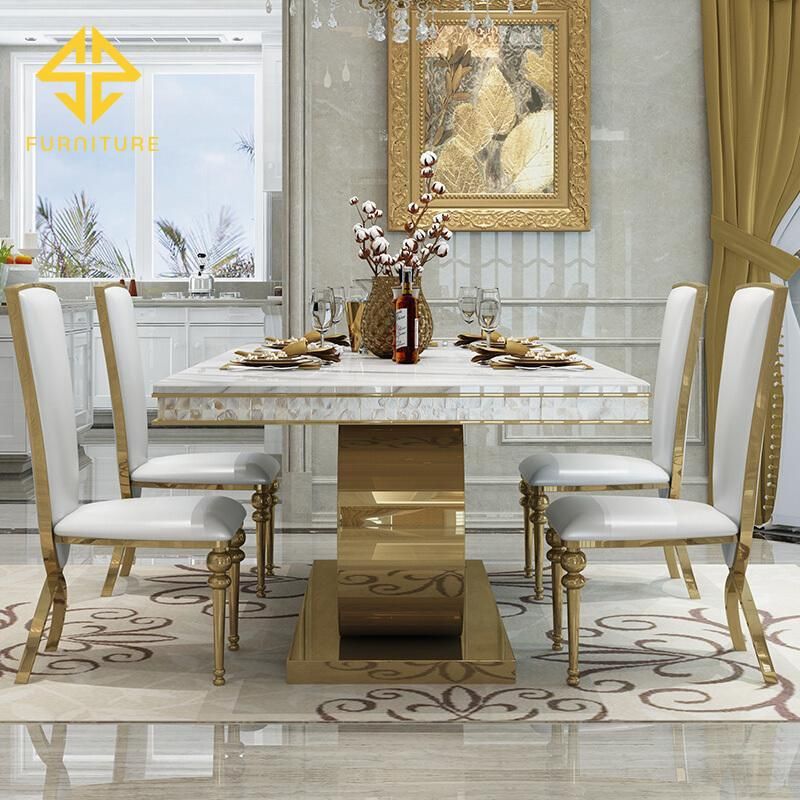 Luxury Rectangle Gold Stainless Steel Frame Glass LED Dining Table and Chairs