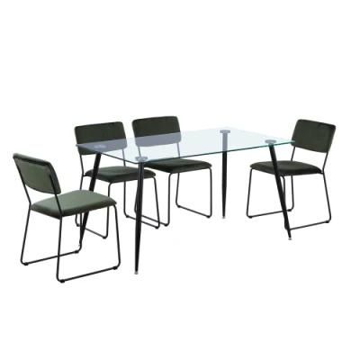 Modern 4 Seats Tempered Glass Dining Table Set with Fabric Seat Square Legs Chair