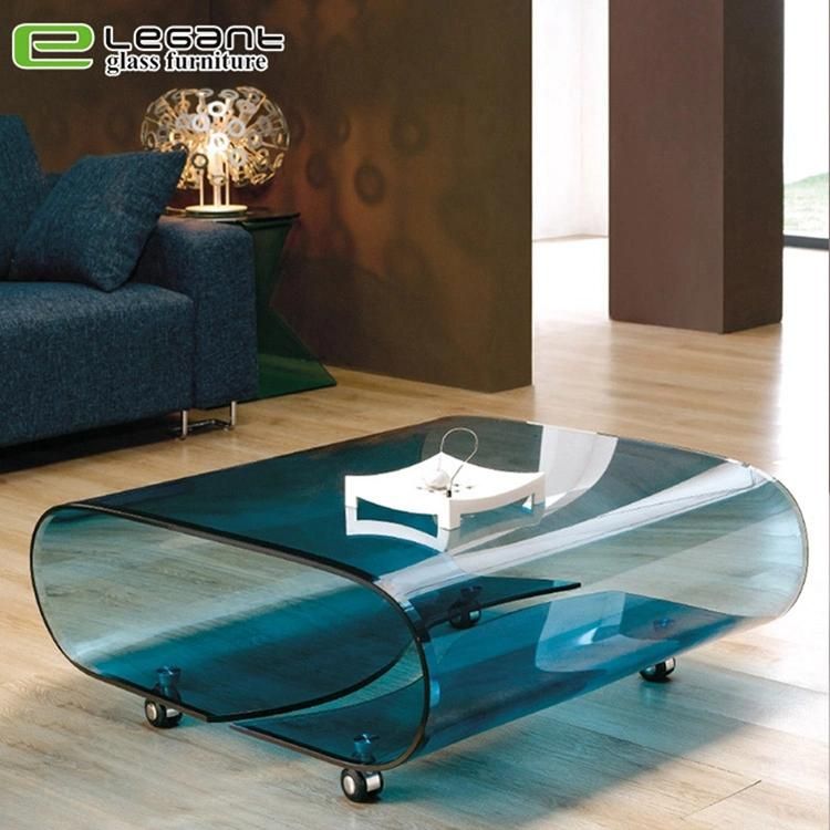 Bent Glass Center Table on Rotatable Wheels