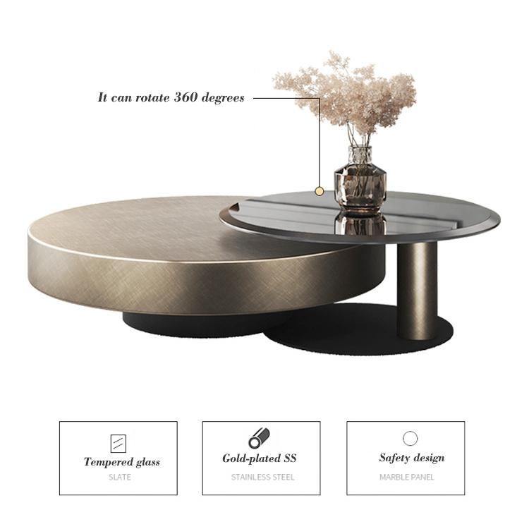 Living Room Modern Luxury Gold Rotate Round Coffee Tables Set with Glass Coffee Table Furniture for Villa
