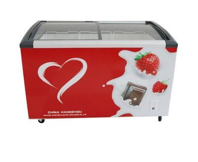 Supermarket 298 L Curved Sliding Glass Top Chest Freezer Meat Ice Cream Showcase Deep Display Freezer