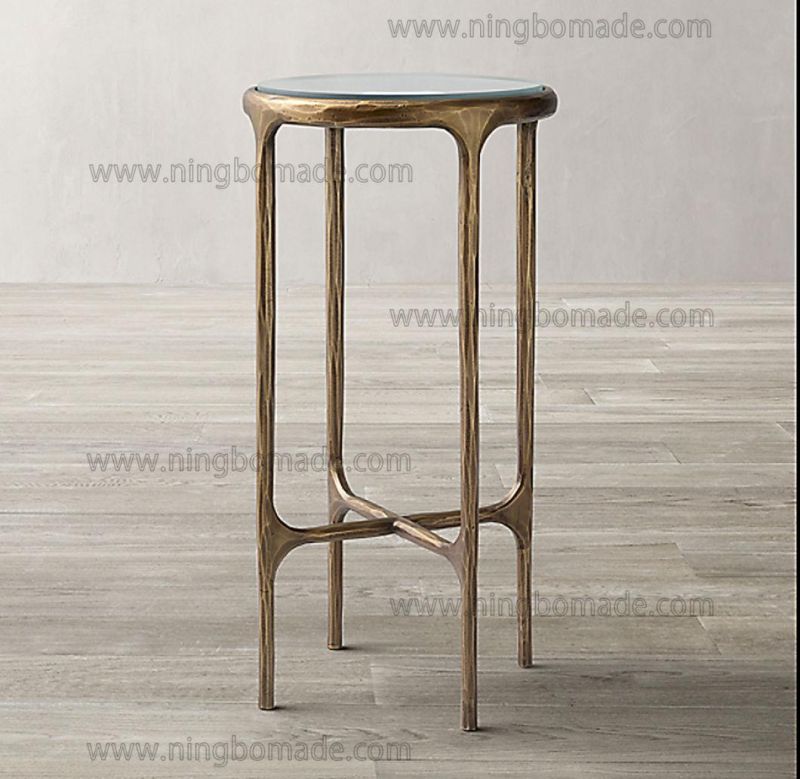 Rustic Hand Hammered Collection Furniture Forged Solid Iron Metal with Brass Color Thick Tempered Glass High Round Side Table