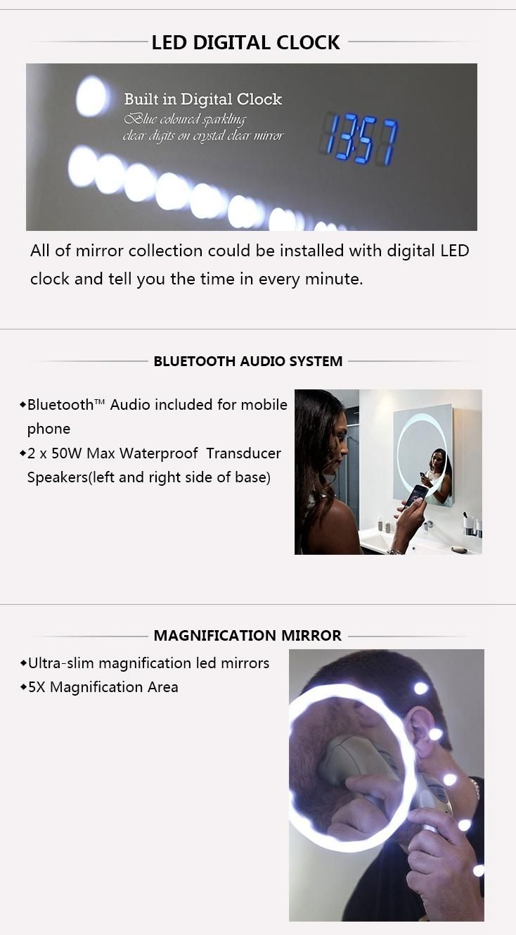 Framless Modern Wall Glass Bluetooth LED Light Bathroom Vanity Mirror