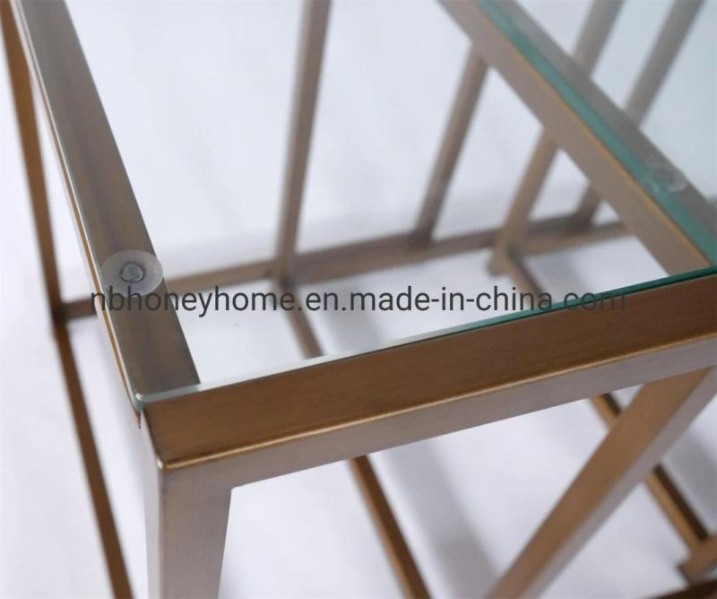 Metal Frame Glass Top 3 Set Living Room Coffee Table