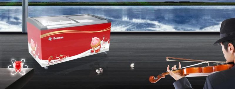 China Manufacturer Wholesale Price Ice Cream Showcase Deep Freezer Curved Glass Sliding Door Ice Cream Display Freezer with Universal Wheel