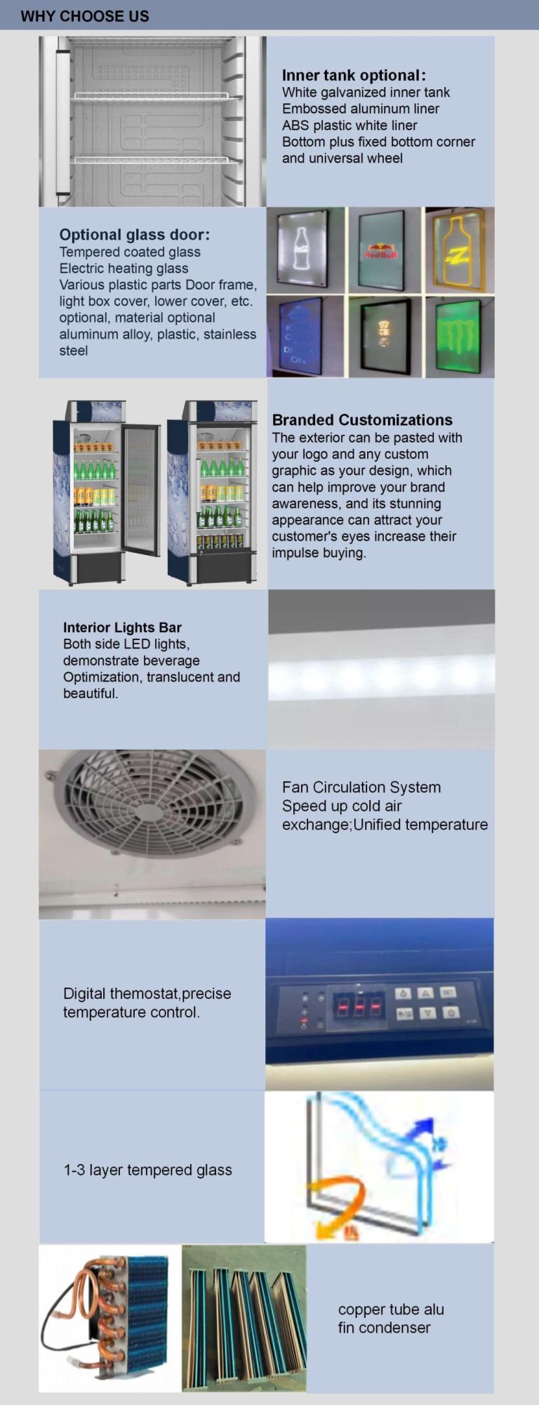 ODM 501L-1200L Commercial Upright Multi Glass Door Display Freezer Cooler Showcase