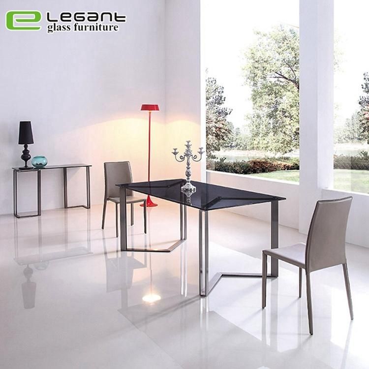 Modern Furniture 12mm Thick Grey Tempered Glass Top Iron Frame Dining Table