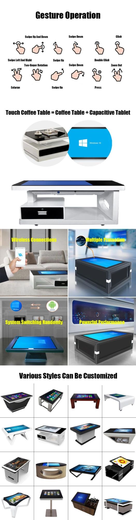 Customized Entertainment Interactive Multi-Function Digital Signage and Display Machine White and Black Smart Touch Screen Coffee Table