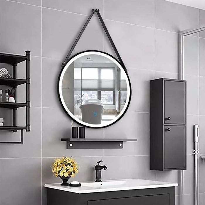 DIY Black Power Coating Framed LED Lighted Round Touch Sensor Bathroom Mirror with Strap