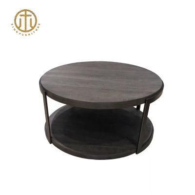 Chinese Colid Wood Round Coffee Table, Metal Structure with Shelf, Tea Table in Living Room, Customizable