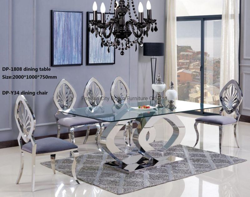 Dopro Modern/Contemporary Stainless Steel Silver Polished High Glossy Clear Tempered Glass Dining Table D1808