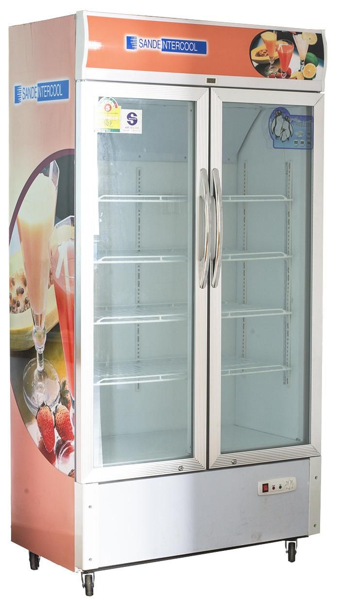 Ventilated Refrigerated Double Glass Doors Cooler, Kitchen Refrigeration, Vertical Display Showcase, Glass Door Merchandiser