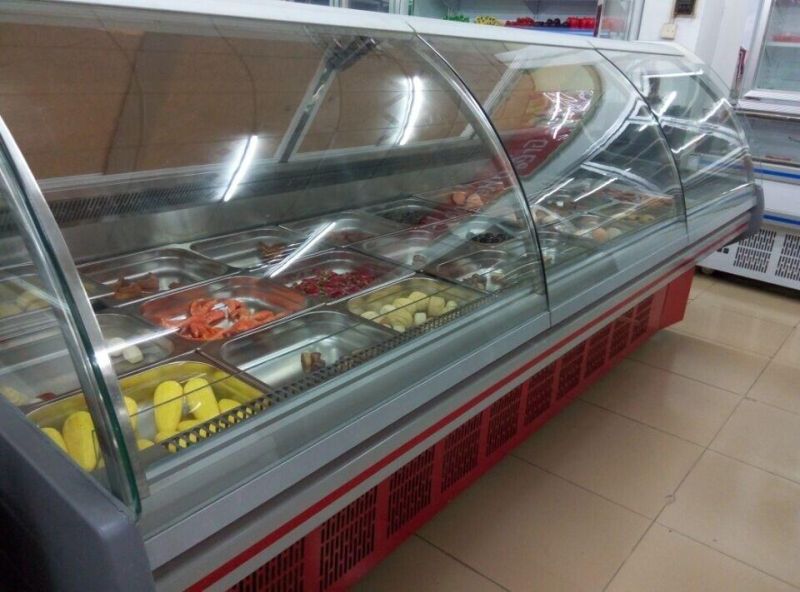 Curved Glass Commercial Vegetable Salad Fish Fresh Food Deli Butcher Showcase Freezer Fresh Meat Display Refrigerator for Supermarket