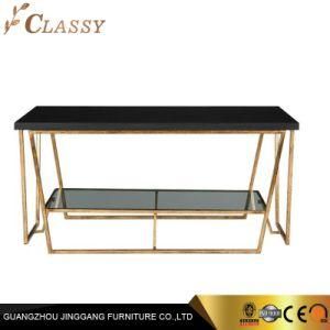 Luxury Home Living Room Rectangle Double Desk Gray Glass Top with Golden Matal Frame Legs