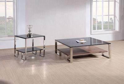 New Design Square Steel Coffee Tables with Two Layers Tempered Glass &amp; Veneer Top Home Furniture