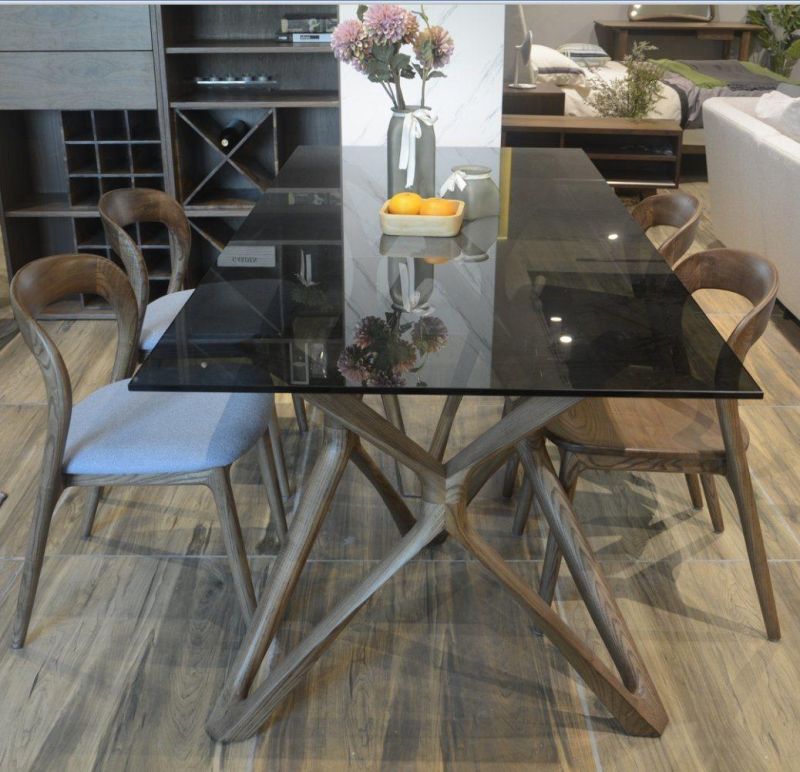 Fashion Home/Restaurant Furniture Glass Dining Table Ash Solid Wood Base