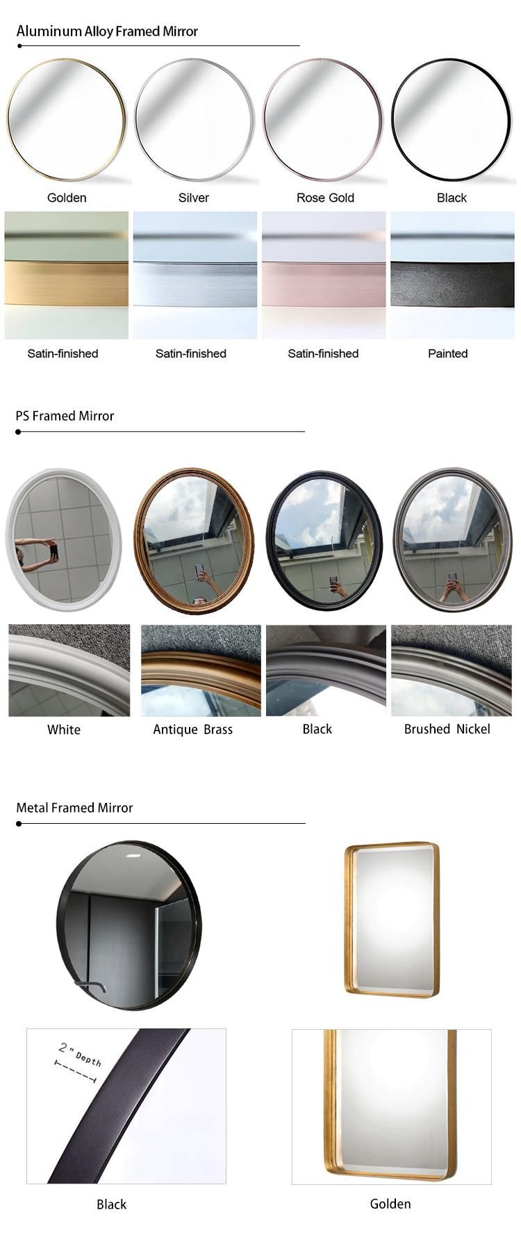 Flat Framed Aluminum Alloy Frame Shiny Finish Rectangle Framed Mirror for Bathroom & Living Room