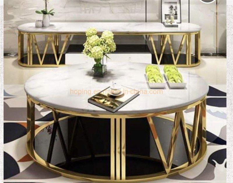 Modern Metal Wooden Round Coffee Table Living Room White Gray Marble Top Gold Coffee Table